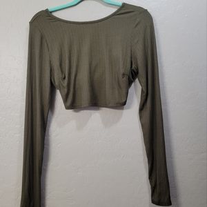 Olive Green Long Sleeve Criss Cross back Crop Top with Thumb-Holes Size L